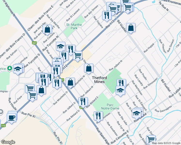 map of restaurants, bars, coffee shops, grocery stores, and more near 858 Rue Sainte Marthe in Thetford Mines