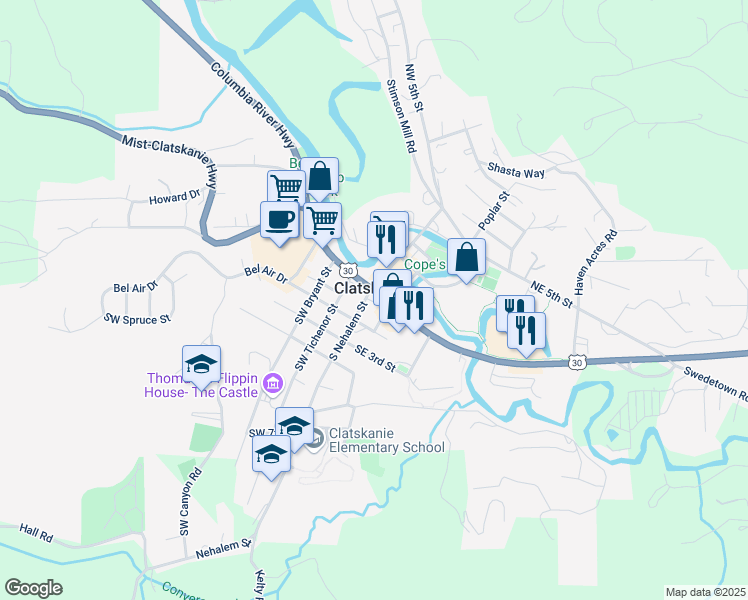 map of restaurants, bars, coffee shops, grocery stores, and more near in Clatskanie