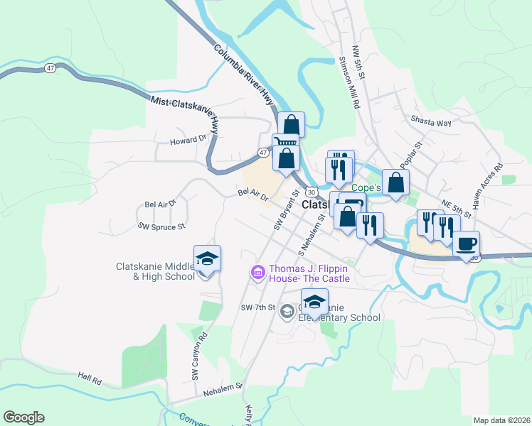 map of restaurants, bars, coffee shops, grocery stores, and more near 290 Southwest Bryant Street in Clatskanie