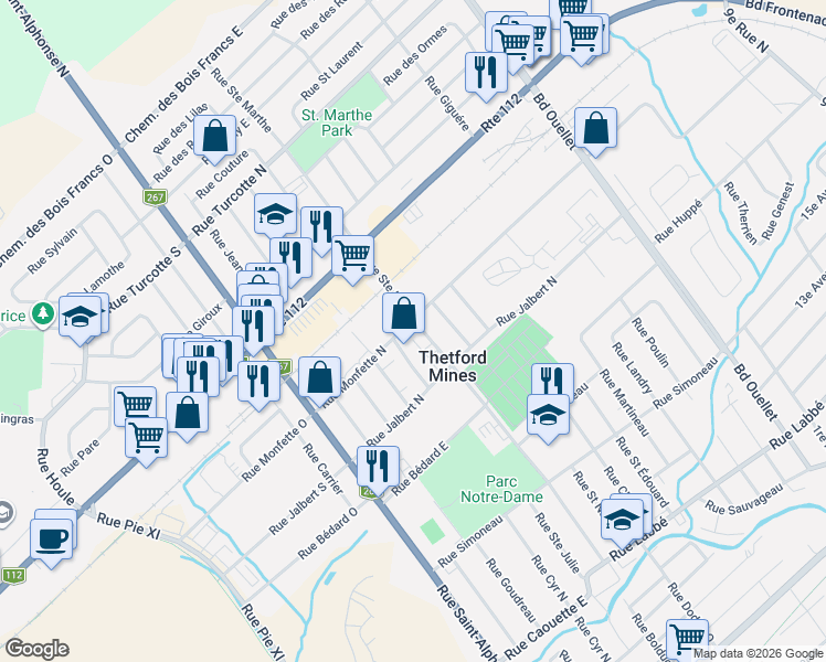 map of restaurants, bars, coffee shops, grocery stores, and more near 856 Rue Sainte Marthe in Thetford Mines