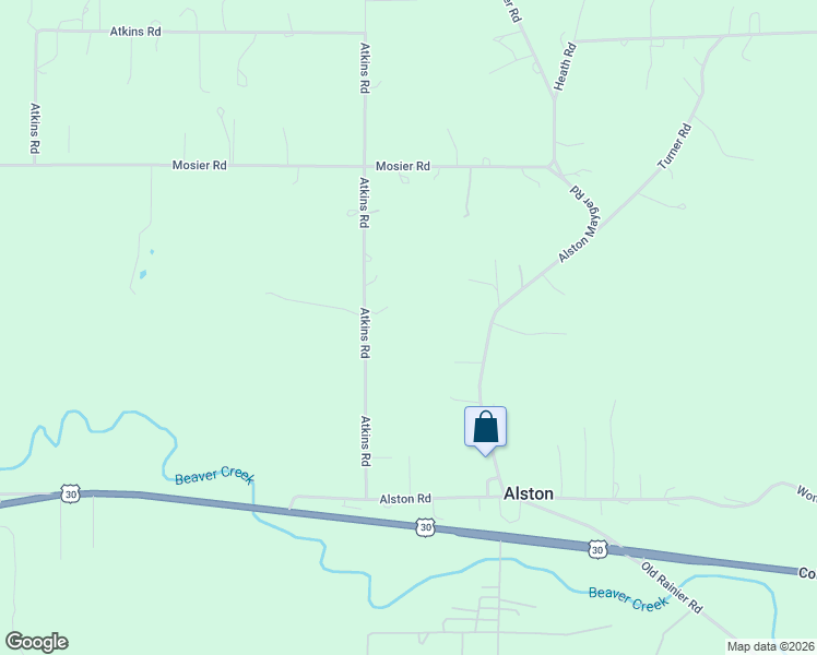 map of restaurants, bars, coffee shops, grocery stores, and more near 76292 Atkins Road in Rainier