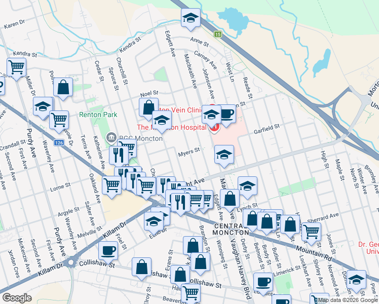 map of restaurants, bars, coffee shops, grocery stores, and more near Myers Street in Moncton