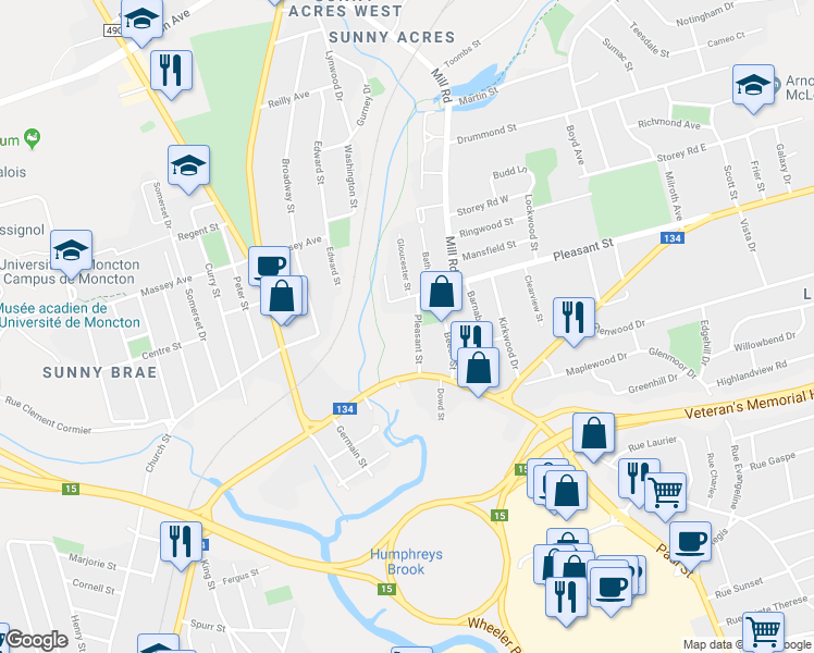 map of restaurants, bars, coffee shops, grocery stores, and more near 31 Pleasant Street in Moncton