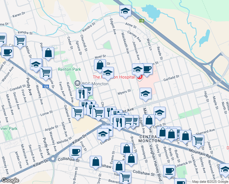 map of restaurants, bars, coffee shops, grocery stores, and more near in Moncton