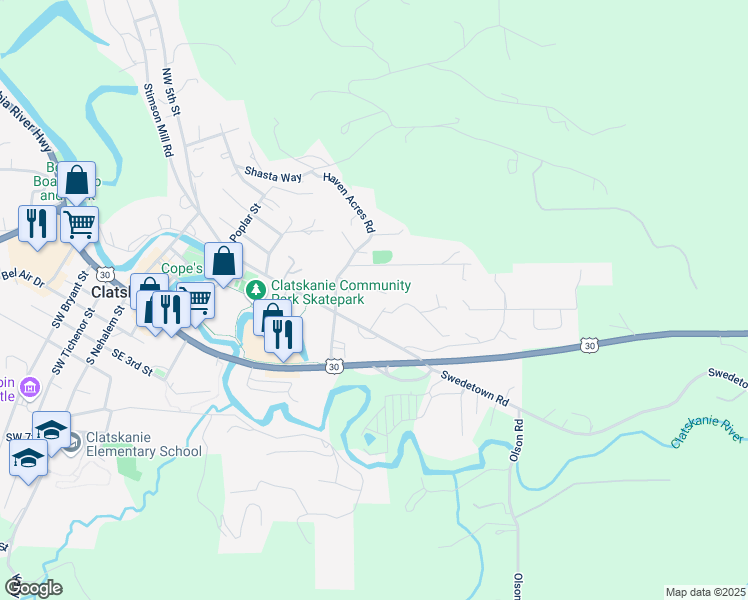 map of restaurants, bars, coffee shops, grocery stores, and more near 730 Northeast 7th Street in Clatskanie