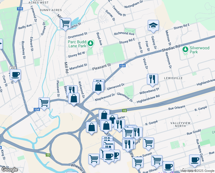 map of restaurants, bars, coffee shops, grocery stores, and more near 15 Glenwood Drive in Moncton