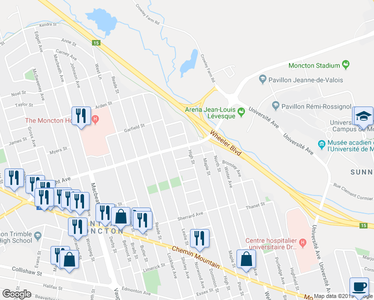 map of restaurants, bars, coffee shops, grocery stores, and more near 562 High Street in Moncton