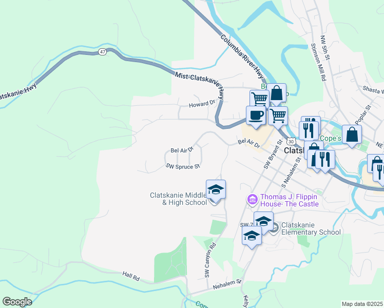 map of restaurants, bars, coffee shops, grocery stores, and more near 760 Southwest Holly Street in Clatskanie