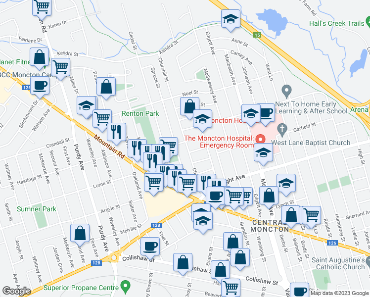 map of restaurants, bars, coffee shops, grocery stores, and more near 94 Churchill Street in Moncton