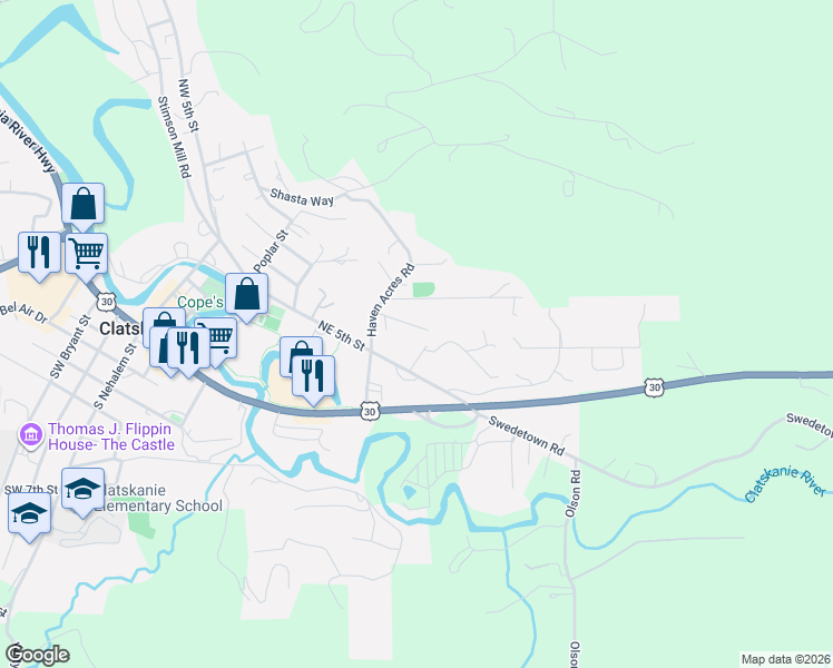 map of restaurants, bars, coffee shops, grocery stores, and more near 730 Northeast 7th Street in Clatskanie