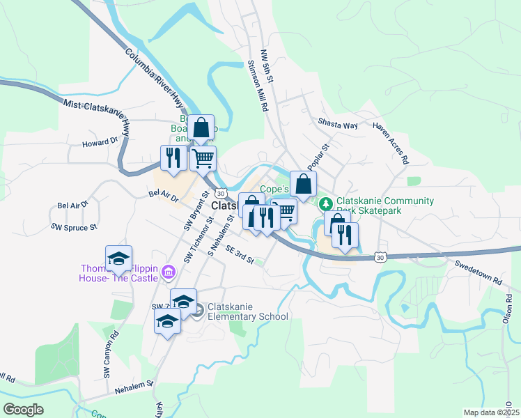 map of restaurants, bars, coffee shops, grocery stores, and more near 97 Southeast Conyers Street in Clatskanie
