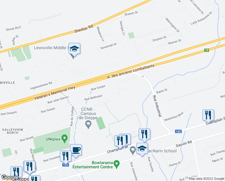 map of restaurants, bars, coffee shops, grocery stores, and more near 407 Rue Belliveau in Dieppe