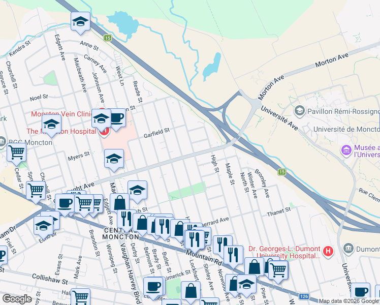 map of restaurants, bars, coffee shops, grocery stores, and more near 29 Connaught Avenue in Moncton