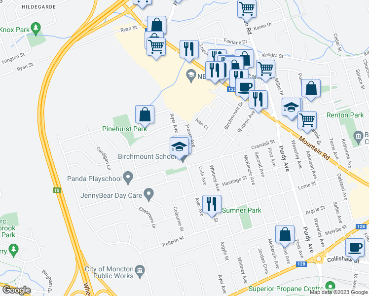 map of restaurants, bars, coffee shops, grocery stores, and more near 275 Ayer Avenue in Moncton