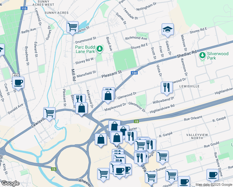map of restaurants, bars, coffee shops, grocery stores, and more near 15 Glenwood Drive in Moncton