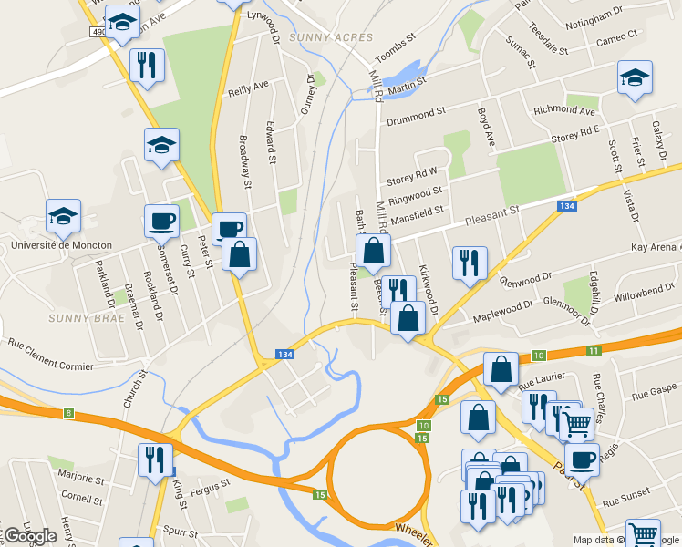 map of restaurants, bars, coffee shops, grocery stores, and more near 31 Pleasant Street in Moncton