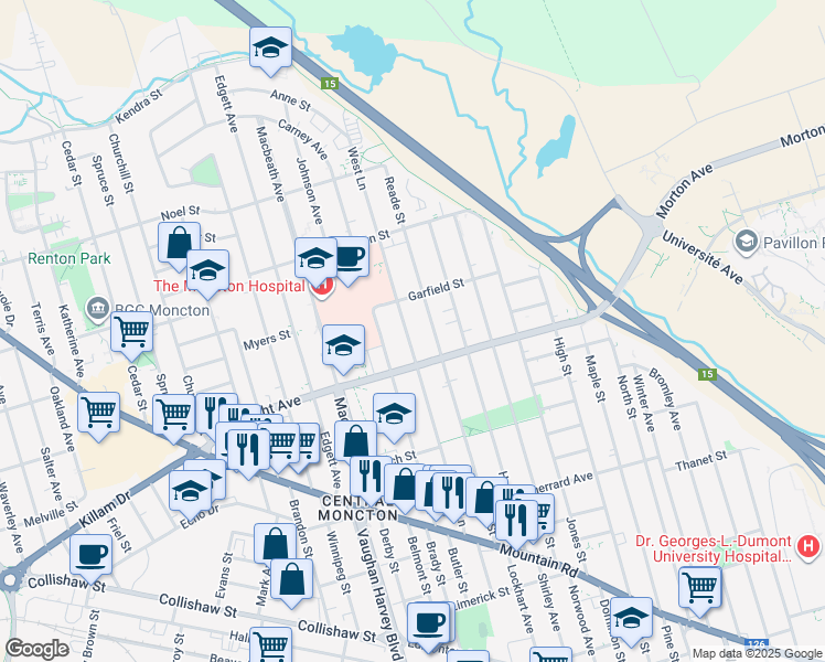 map of restaurants, bars, coffee shops, grocery stores, and more near in Moncton