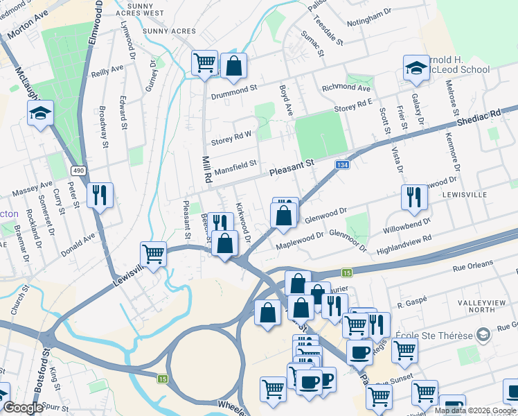 map of restaurants, bars, coffee shops, grocery stores, and more near 34 Clearview Street in Moncton