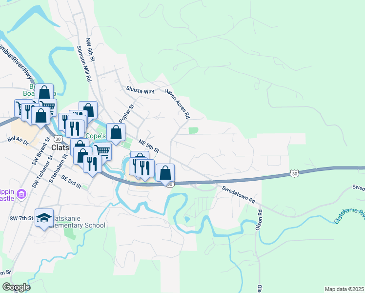 map of restaurants, bars, coffee shops, grocery stores, and more near 730 Northeast 7th Street in Clatskanie