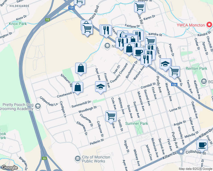 map of restaurants, bars, coffee shops, grocery stores, and more near 275 Ayer Avenue in Moncton