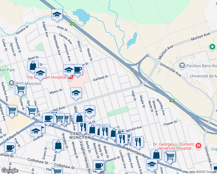 map of restaurants, bars, coffee shops, grocery stores, and more near 165 Humphrey Street in Moncton