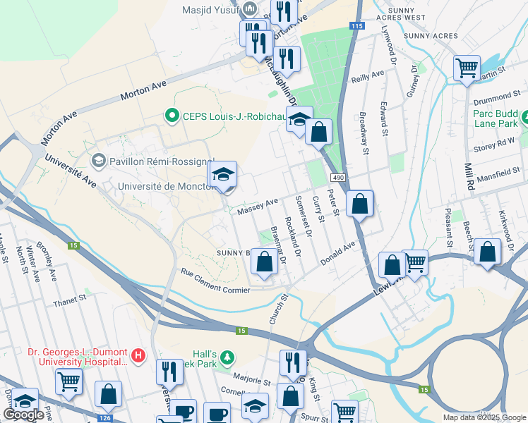 map of restaurants, bars, coffee shops, grocery stores, and more near 122 Braemar Drive in Moncton