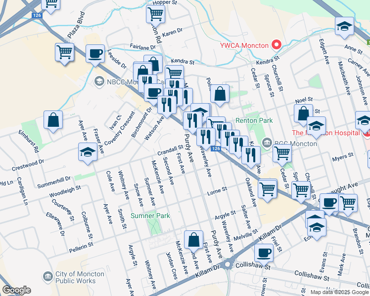 map of restaurants, bars, coffee shops, grocery stores, and more near 202 Purdy Avenue in Moncton