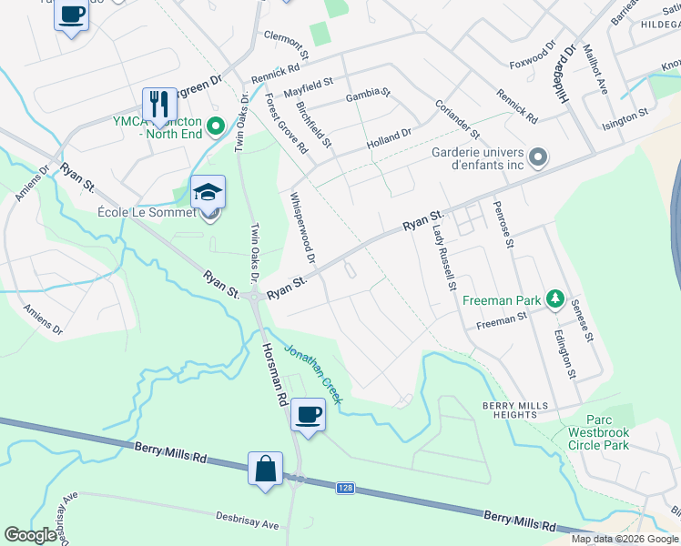 map of restaurants, bars, coffee shops, grocery stores, and more near 550 Ryan Street in Moncton