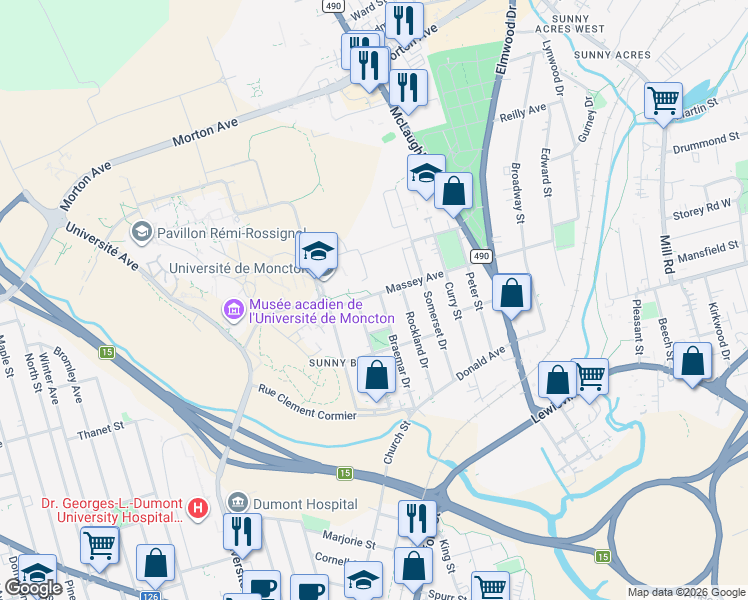 map of restaurants, bars, coffee shops, grocery stores, and more near 122 Braemar Drive in Moncton