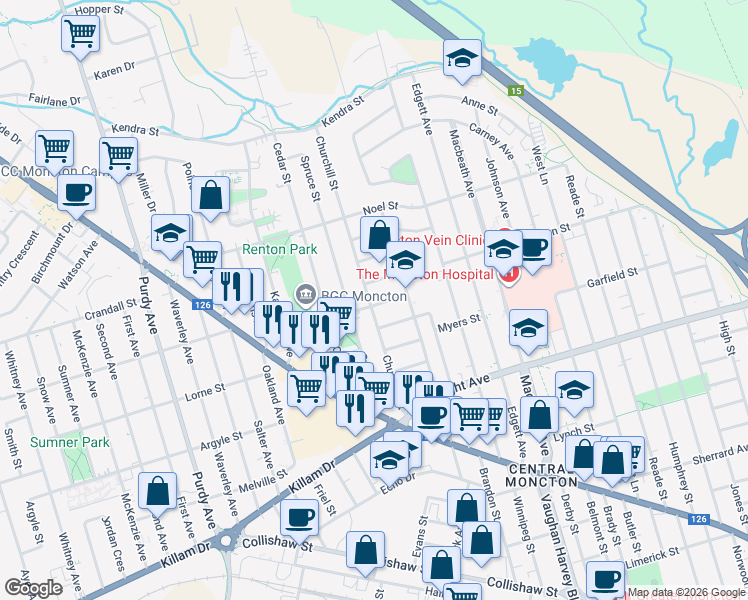 map of restaurants, bars, coffee shops, grocery stores, and more near 94 Churchill Street in Moncton