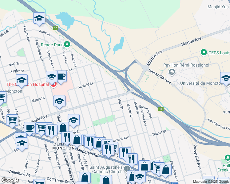 map of restaurants, bars, coffee shops, grocery stores, and more near 562 High Street in Moncton