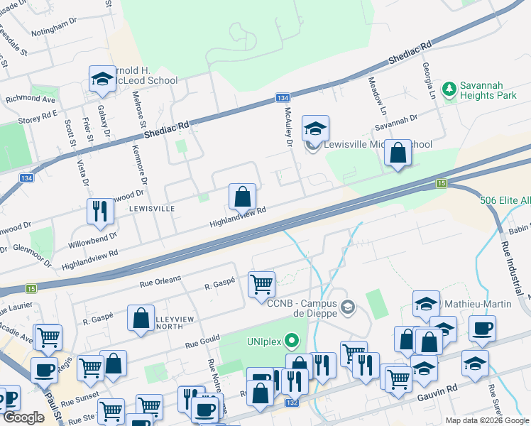 map of restaurants, bars, coffee shops, grocery stores, and more near 240 Highlandview Road in Moncton