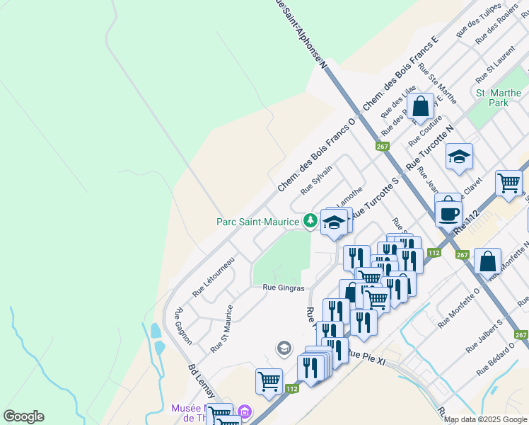 map of restaurants, bars, coffee shops, grocery stores, and more near 1516 Rue Corriveau in Thetford Mines