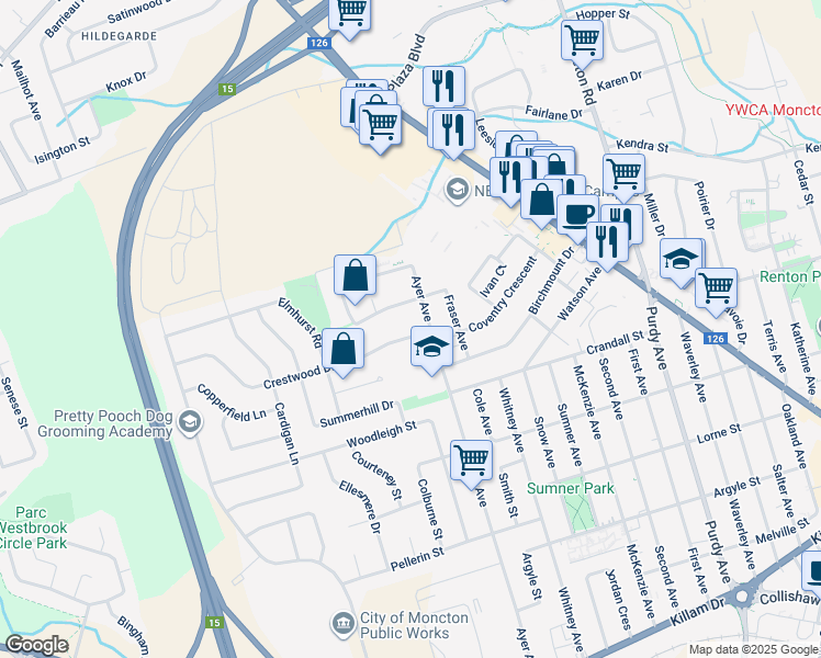map of restaurants, bars, coffee shops, grocery stores, and more near 25 Crestwood Drive in Moncton