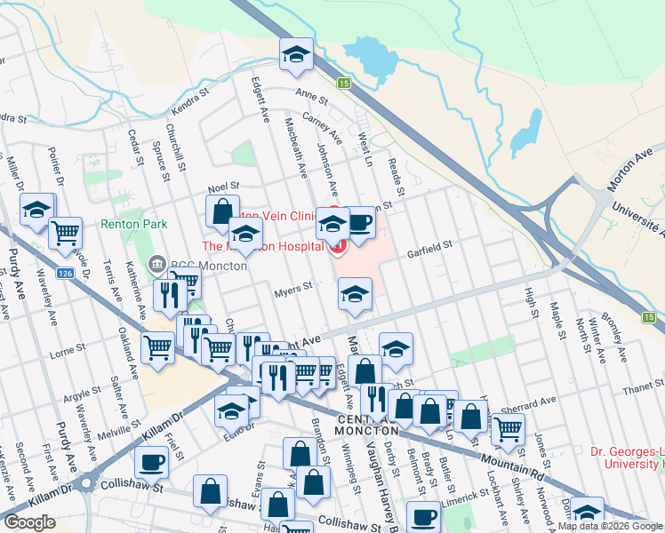 map of restaurants, bars, coffee shops, grocery stores, and more near Macbeath Avenue in Moncton