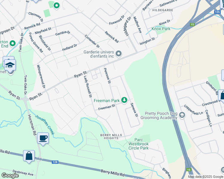 map of restaurants, bars, coffee shops, grocery stores, and more near 77 Penrose Street in Moncton