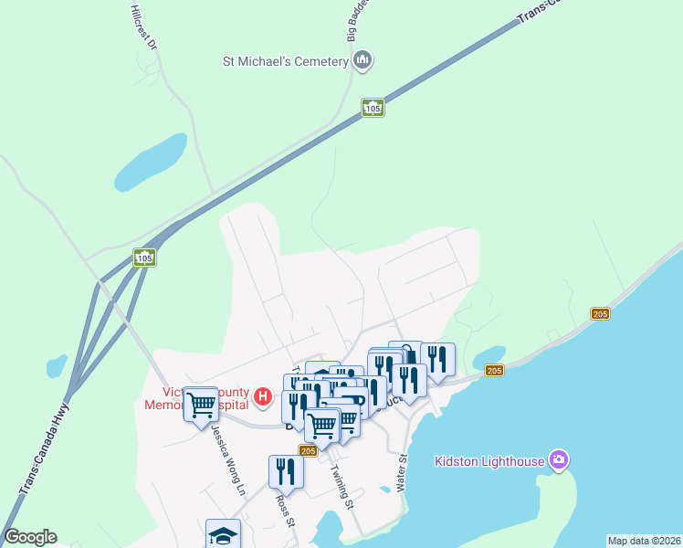 map of restaurants, bars, coffee shops, grocery stores, and more near 115 Queen Street in Baddeck