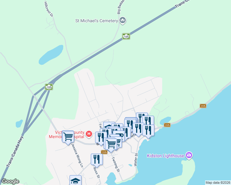 map of restaurants, bars, coffee shops, grocery stores, and more near 115 Queen Street in Baddeck