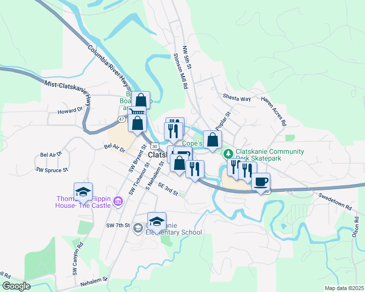 map of restaurants, bars, coffee shops, grocery stores, and more near 97 Southeast Conyers Street in Clatskanie