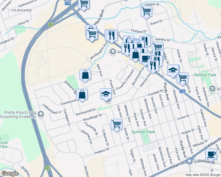 map of restaurants, bars, coffee shops, grocery stores, and more near 30 Fraser Avenue in Moncton