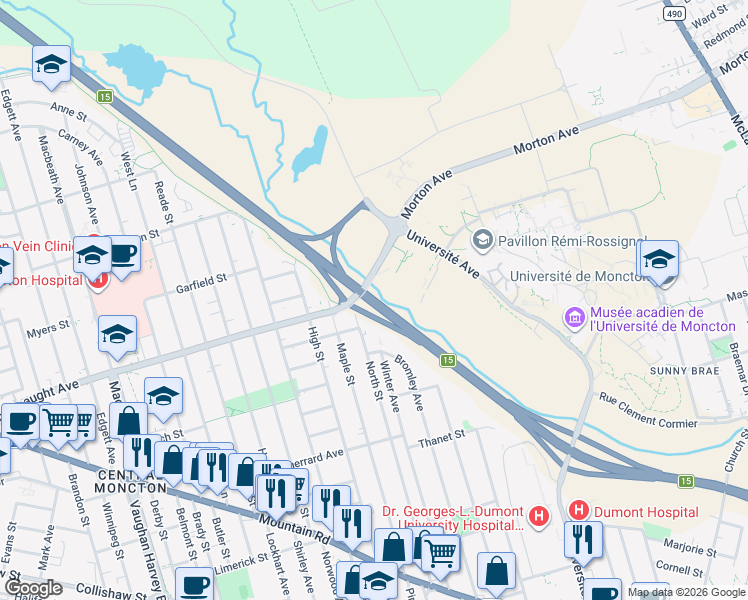 map of restaurants, bars, coffee shops, grocery stores, and more near Wheeler Boulevard in Moncton