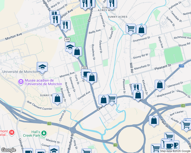 map of restaurants, bars, coffee shops, grocery stores, and more near 81 Broadway Street in Moncton