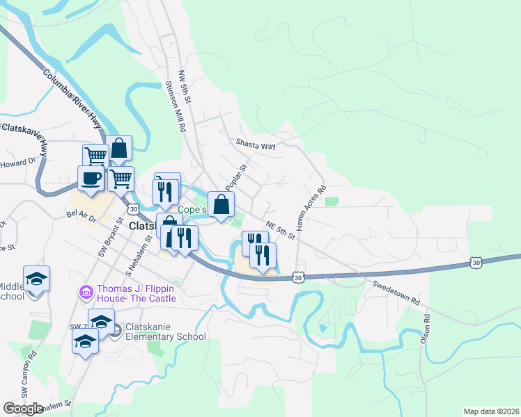 map of restaurants, bars, coffee shops, grocery stores, and more near 416 Northeast 5th Street in Clatskanie