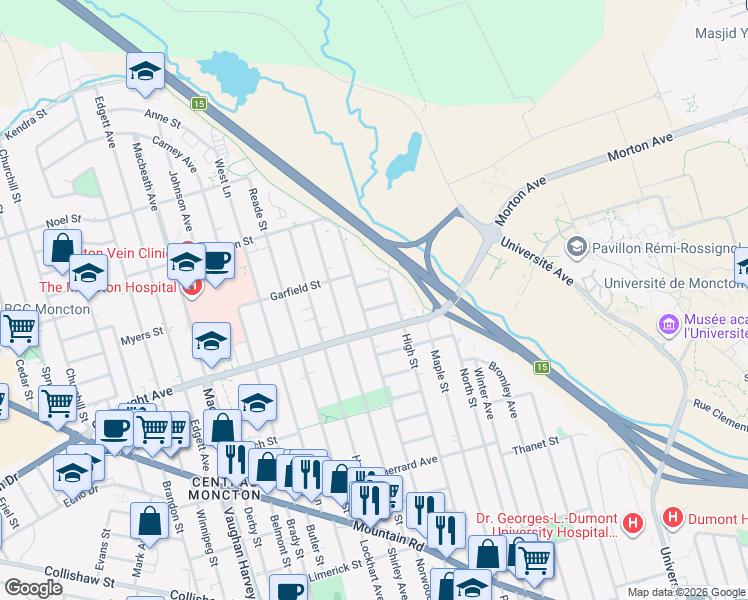 map of restaurants, bars, coffee shops, grocery stores, and more near 19 Scarborough Avenue in Moncton
