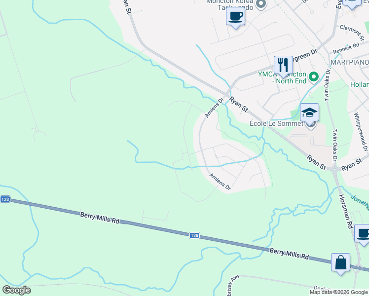 map of restaurants, bars, coffee shops, grocery stores, and more near 97 Amiens Drive in Moncton