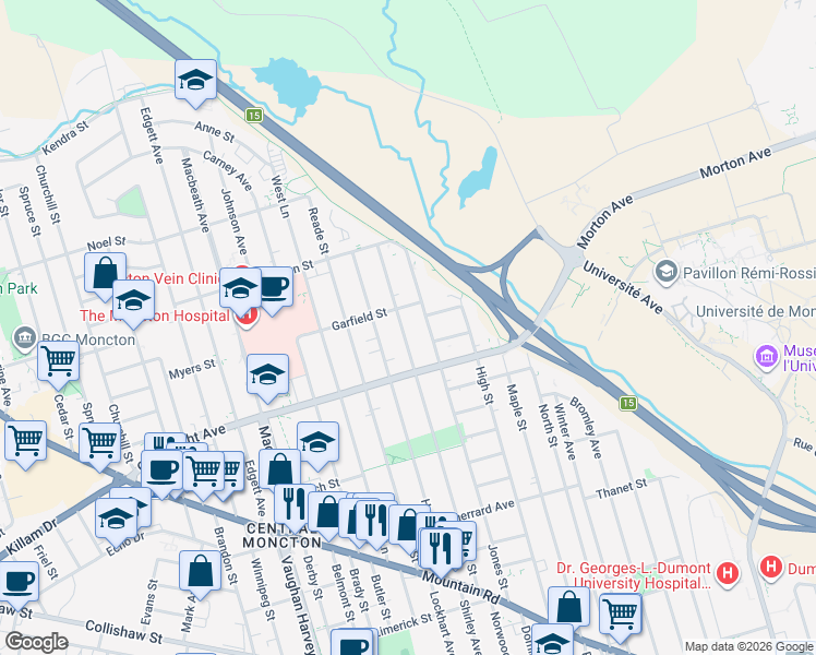 map of restaurants, bars, coffee shops, grocery stores, and more near 195 Leslie Street in Moncton