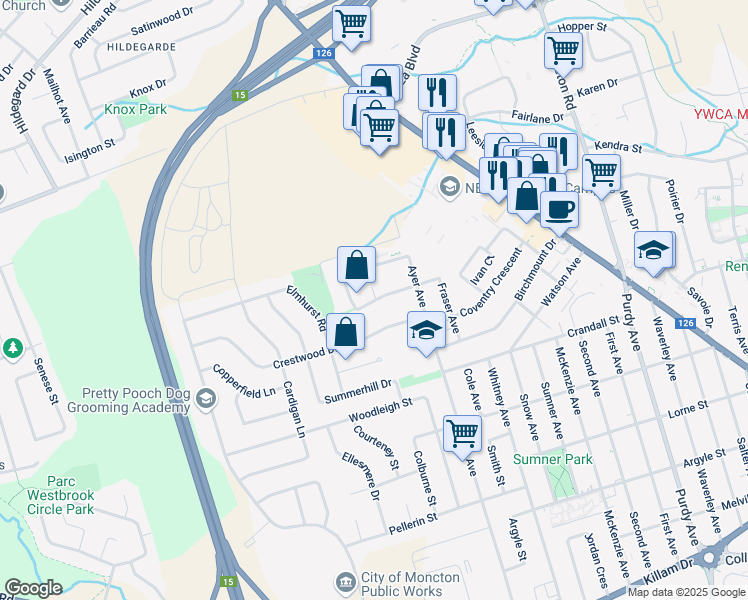 map of restaurants, bars, coffee shops, grocery stores, and more near Preston Crescent in Moncton