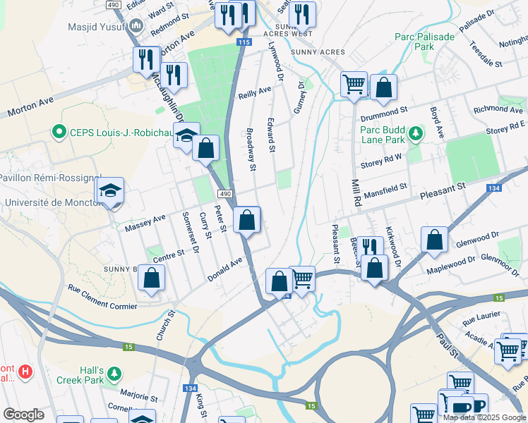 map of restaurants, bars, coffee shops, grocery stores, and more near 69 Broadway Street in Moncton