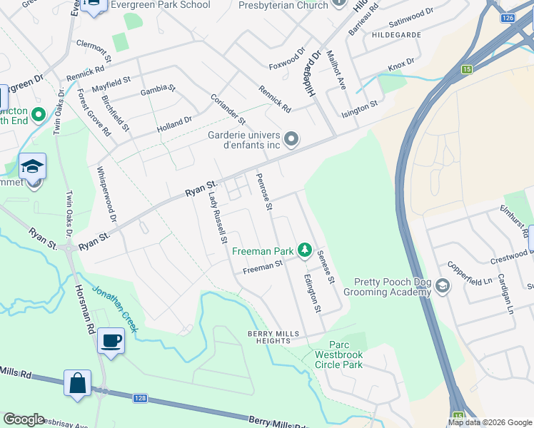 map of restaurants, bars, coffee shops, grocery stores, and more near 60 Penrose Street in Moncton