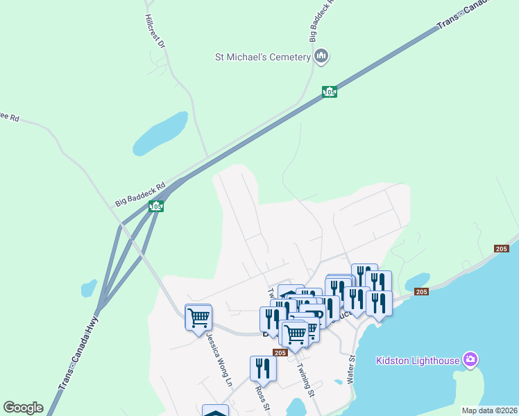 map of restaurants, bars, coffee shops, grocery stores, and more near 18 Hilltop Crescent in Baddeck